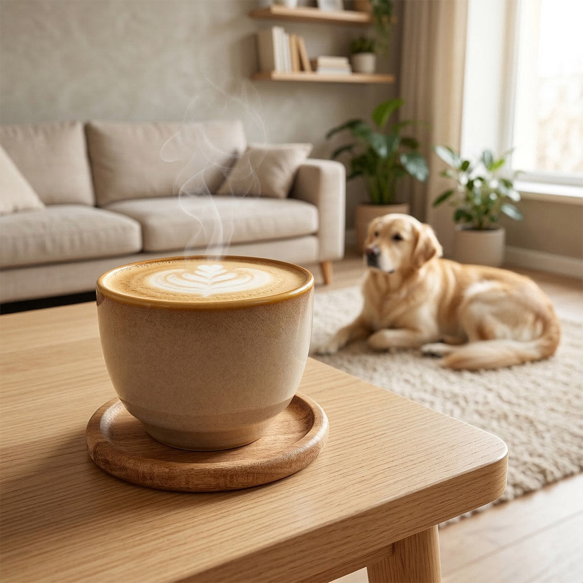 Premium Kaffeetasse & Holzuntersetzer im Set – „Kaffee leer. Zeit fürs Gassi.“