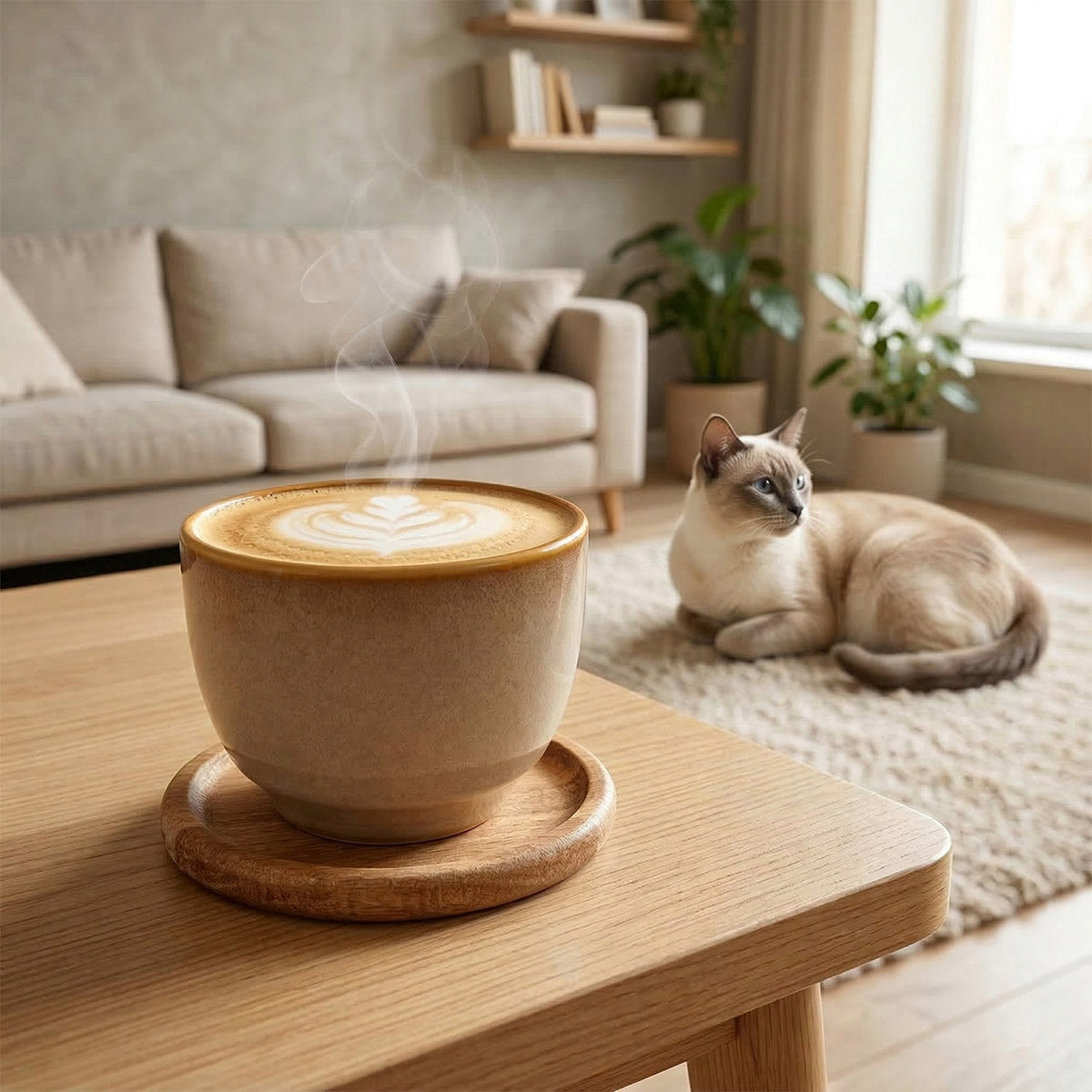 Personalisierte Kaffeetasse & Holzuntersetzer – „Cat Dad“ mit Wunschnamen - Beige