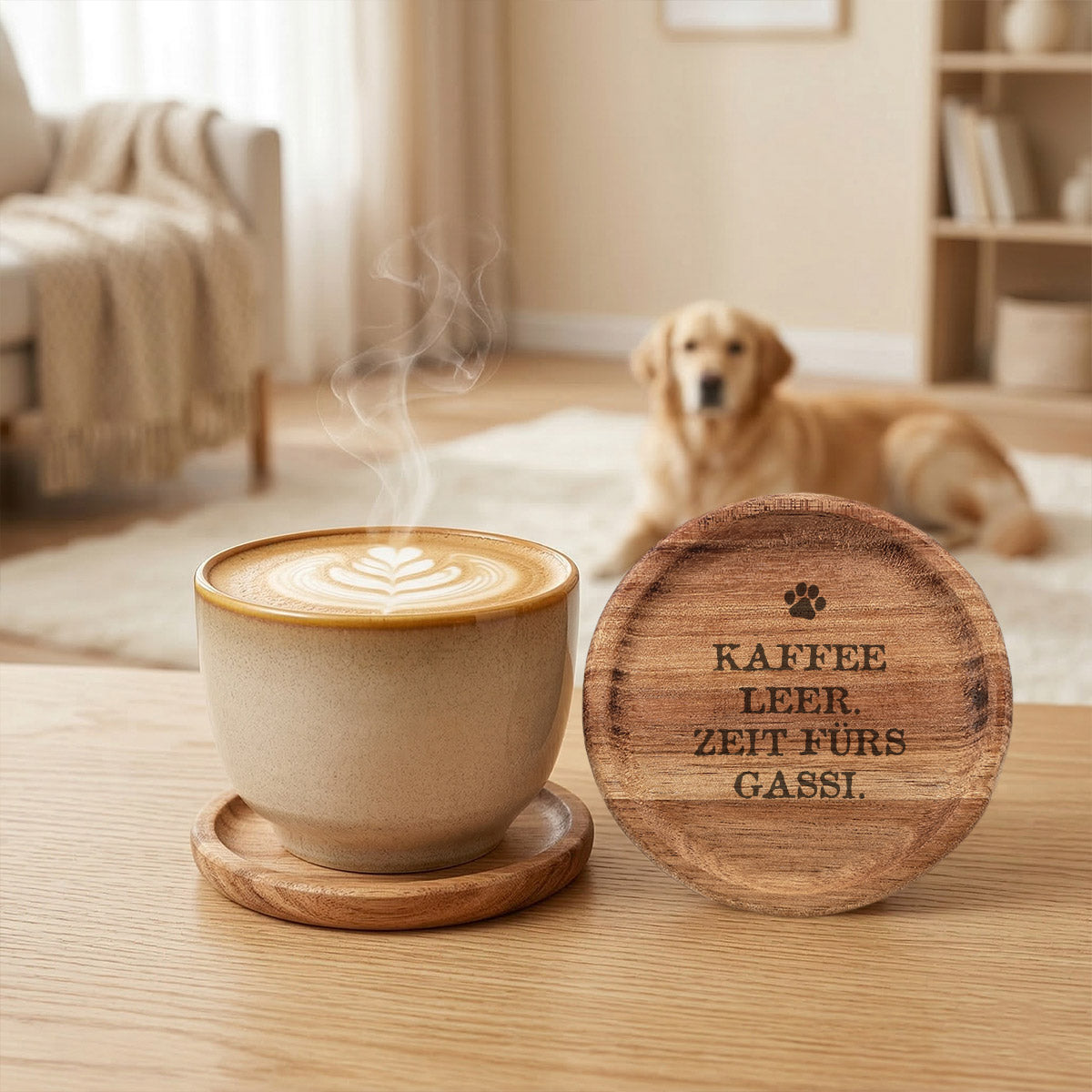 Premium Kaffeetasse & Holzuntersetzer im Set – „Kaffee leer. Zeit fürs Gassi.“