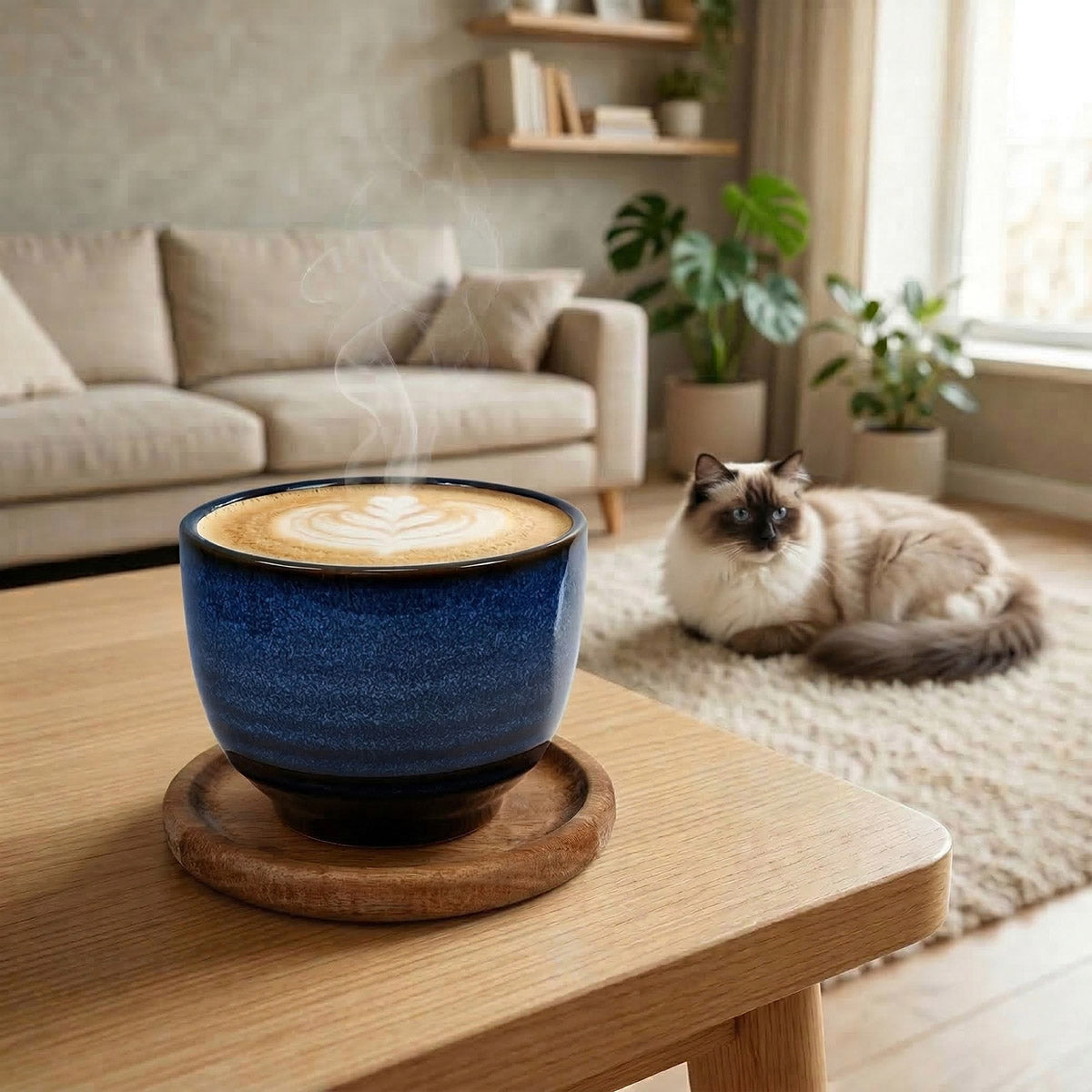 Personalisierte Kaffeetasse & Holzuntersetzer – „Cat Dad“ mit Wunschnamen - Blau