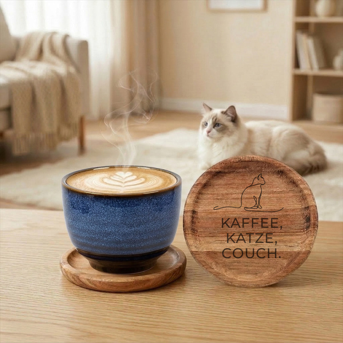 Premium Kaffeetasse & Holzuntersetzer im Set – „Kaffee, Katze, Couch“