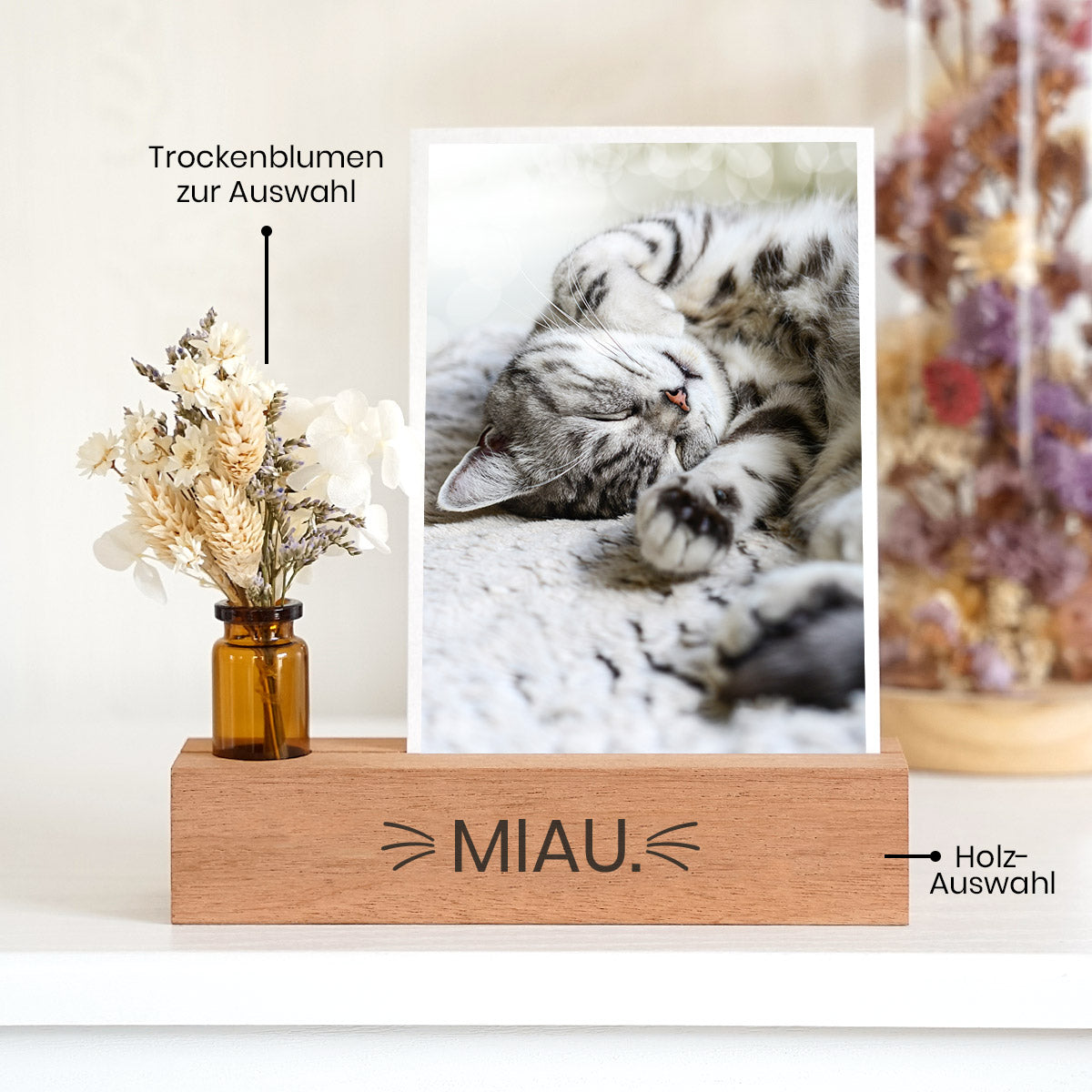 Fotoständer Holz „Miau“ mit Trockenblumen