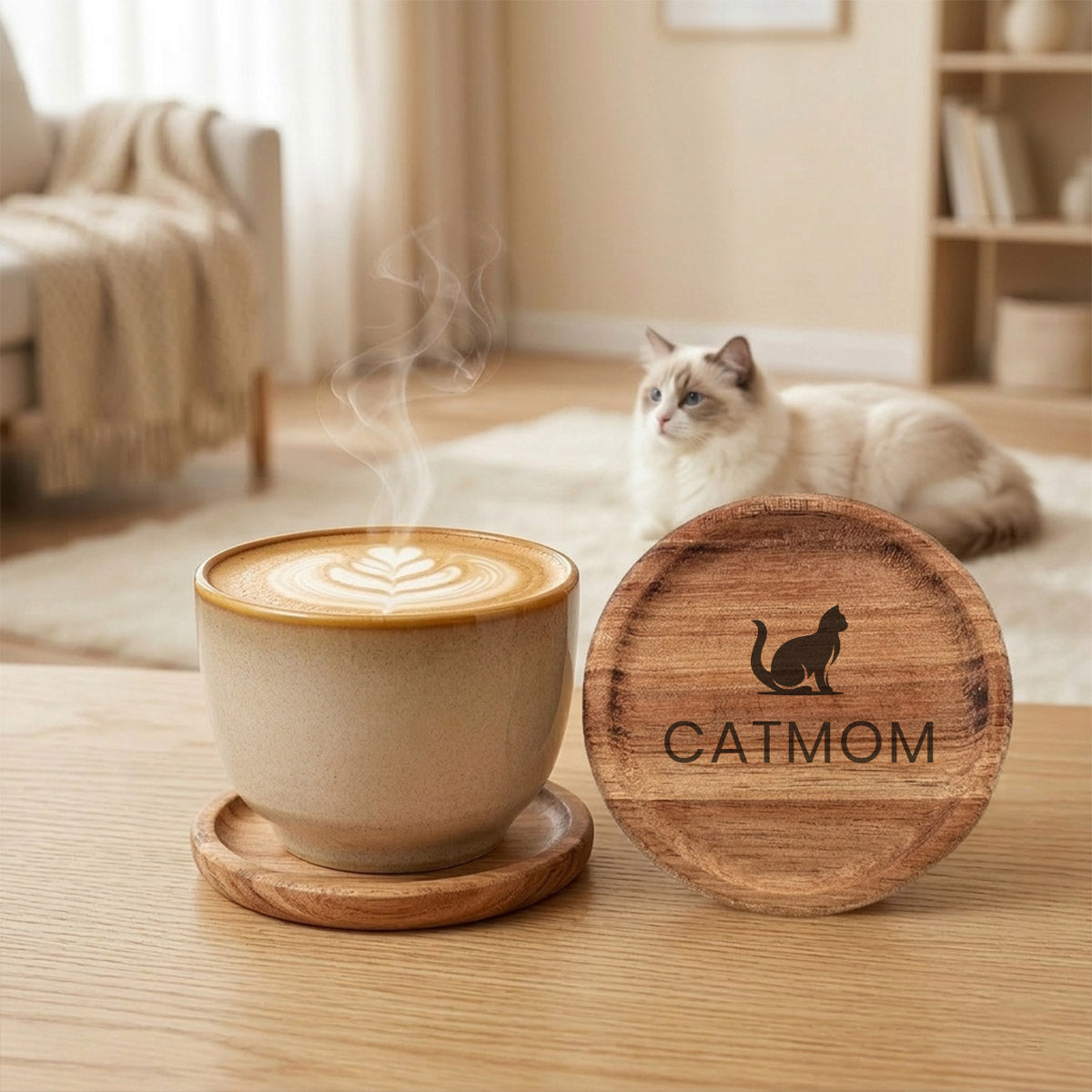 Premium Kaffeetasse & Holzuntersetzer im Set – „Cat Mom“