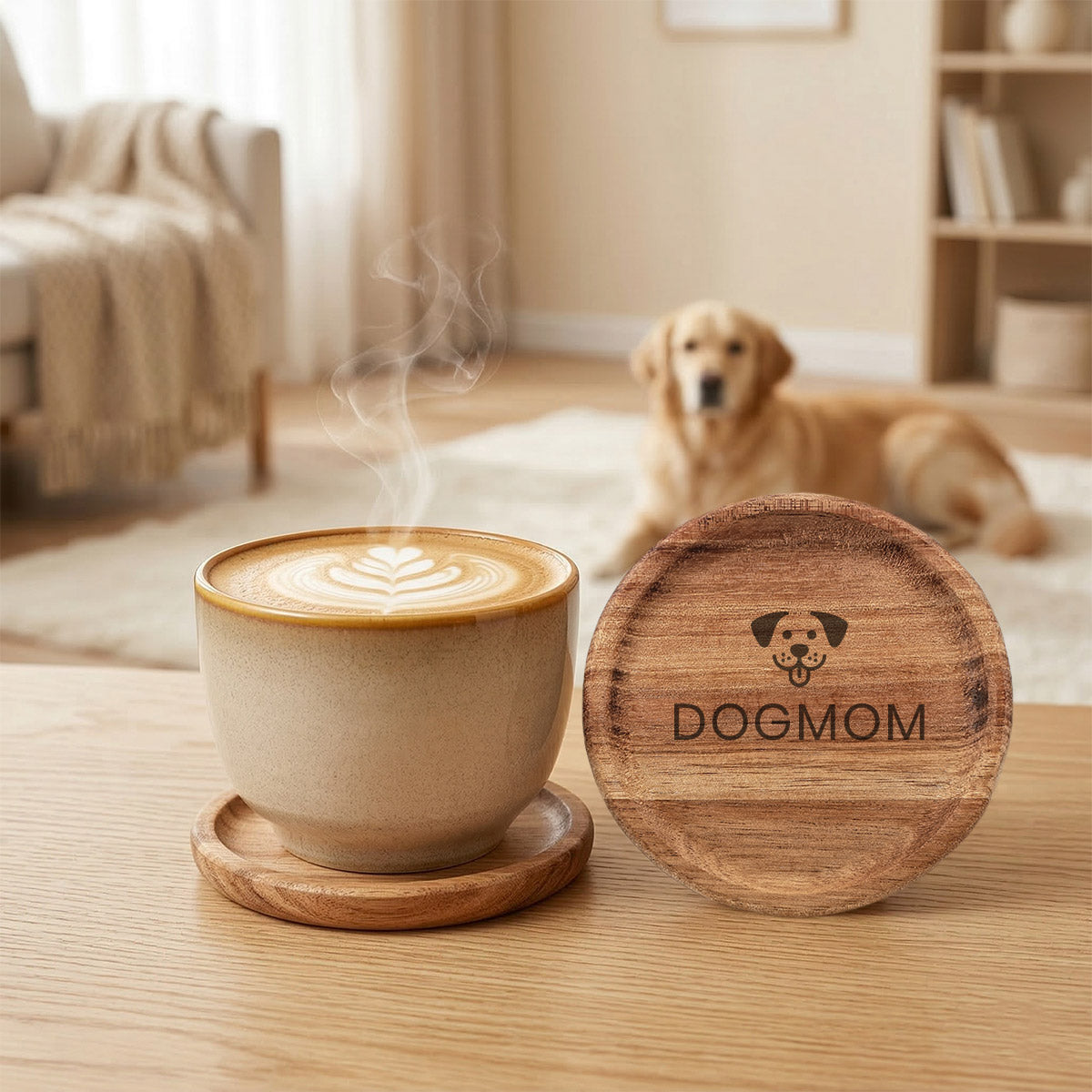 Premium Kaffeetasse & Holzuntersetzer im Set – „Dog Mom“