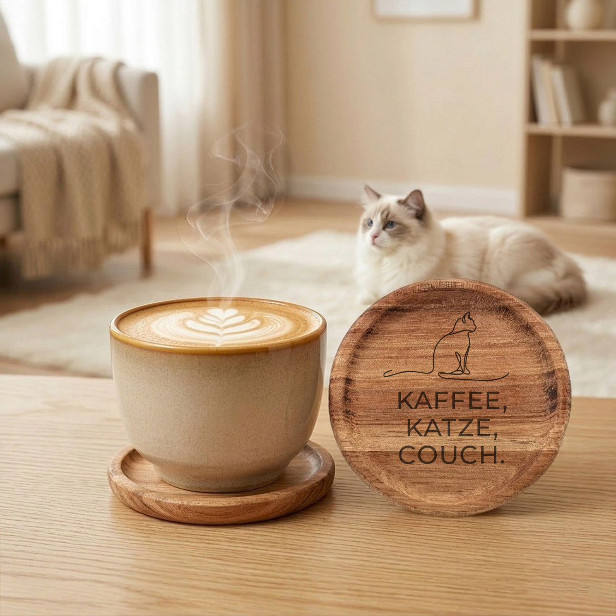 Premium Kaffeetasse & Holzuntersetzer im Set – „Kaffee, Katze, Couch“