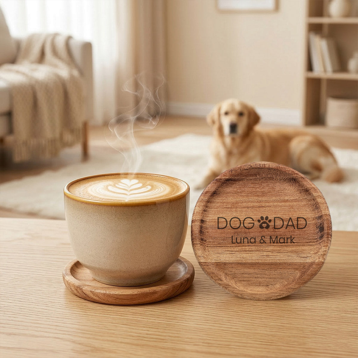 Personalisierte Kaffeetasse & Holzuntersetzer – „Dog Dad“ mit Wunschnamen - Beige