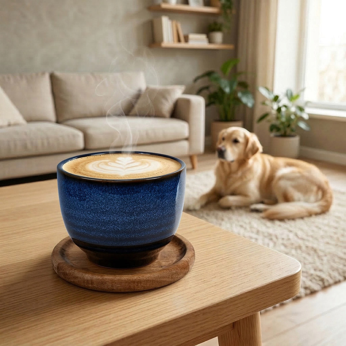 Premium Kaffeetasse & Holzuntersetzer im Set – „Kaffee leer. Zeit fürs Gassi.“