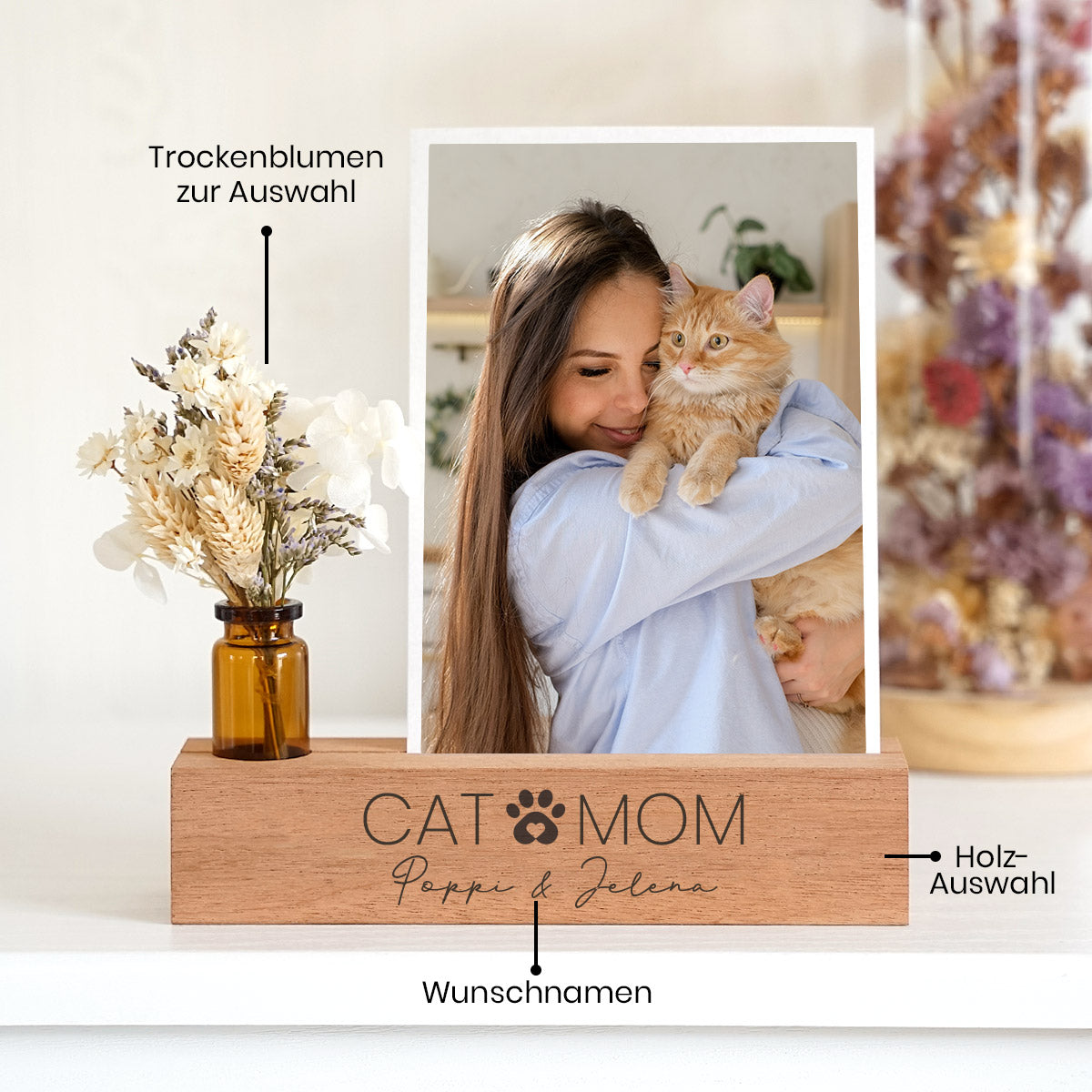 Personalisierter Fotoständer aus Holz mit Trockenblumen – „Cat Mom“