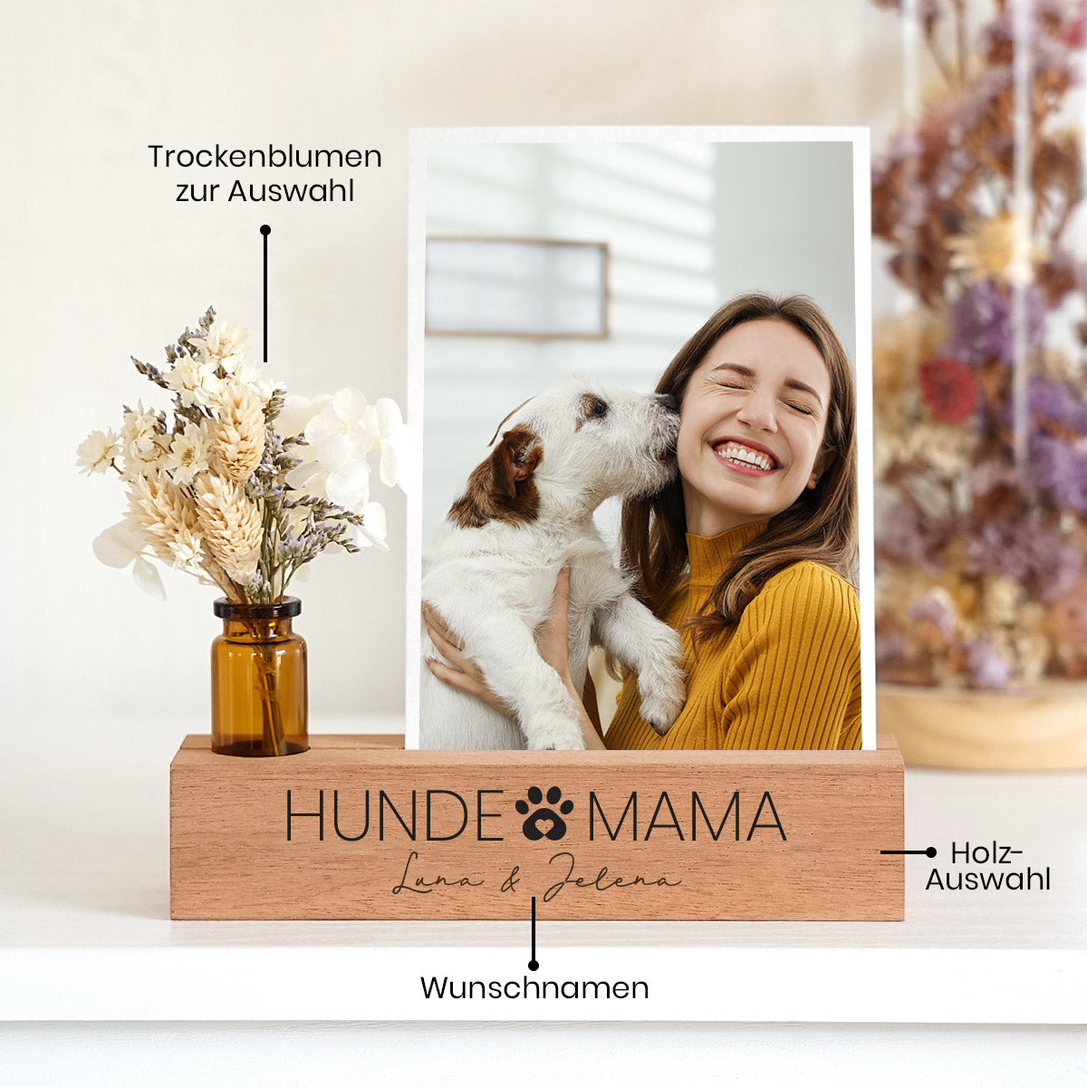 Personalisierter Fotoständer aus Holz mit Trockenblumen – „Hunde Mama“