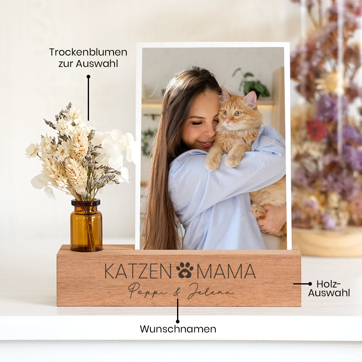 Personalisierter Fotoständer aus Holz mit Trockenblumen – „Katzen Mama“