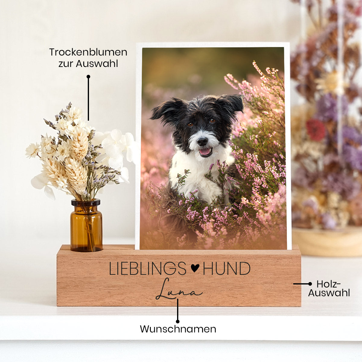 Personalisierter Fotoständer Holz „Lieblingshund“ mit Trockenblumen