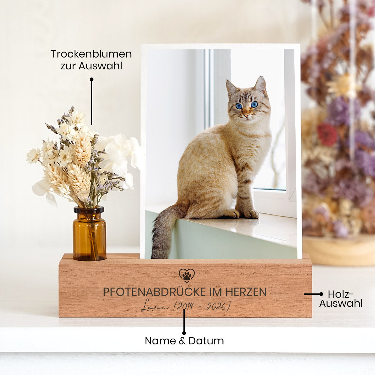 Personalisierter Fotoständer „Pfotenabdrücke im Herzen" Andenken Katze