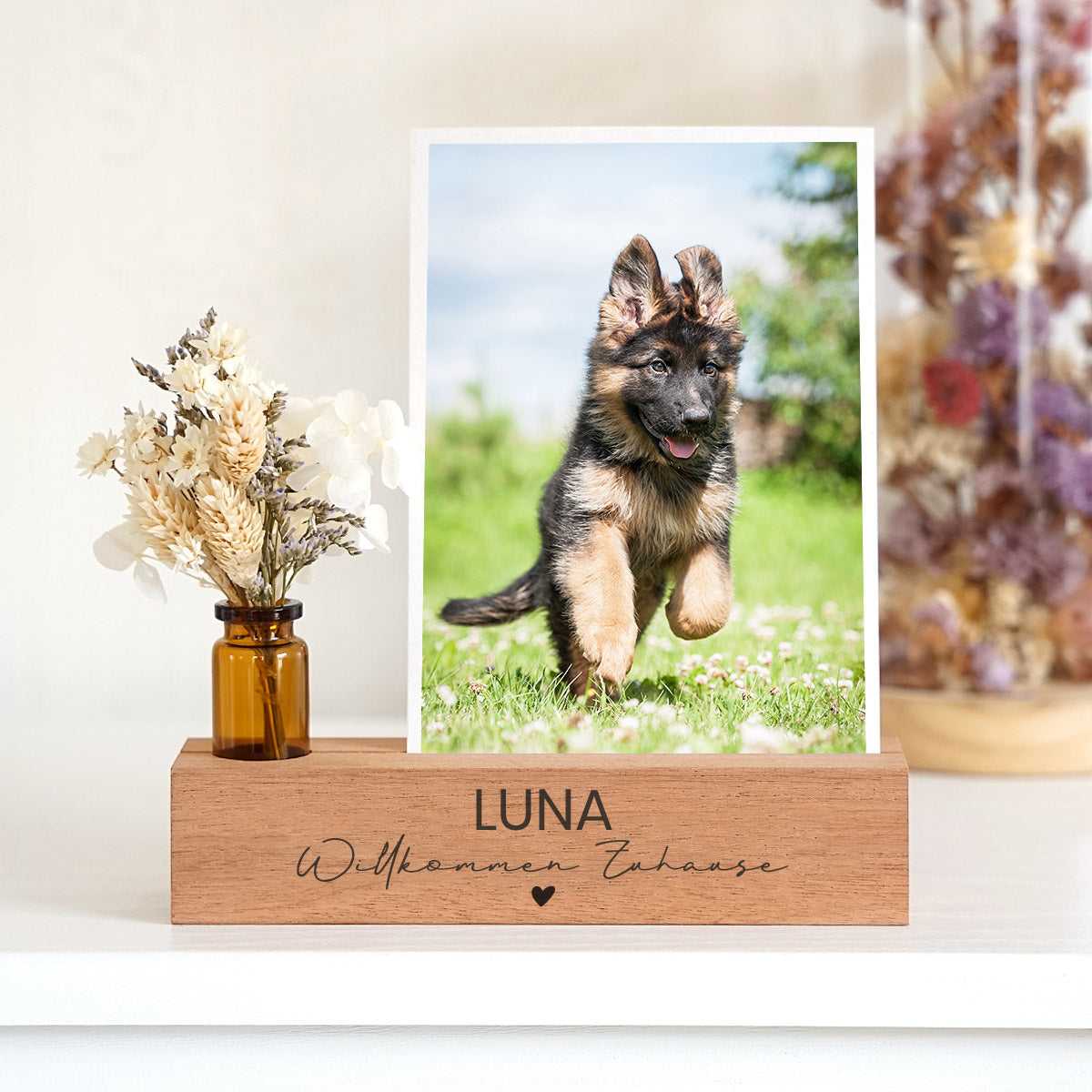 Personalisierter Fotoständer „Willkommen Zuhause“ Einzug Hund