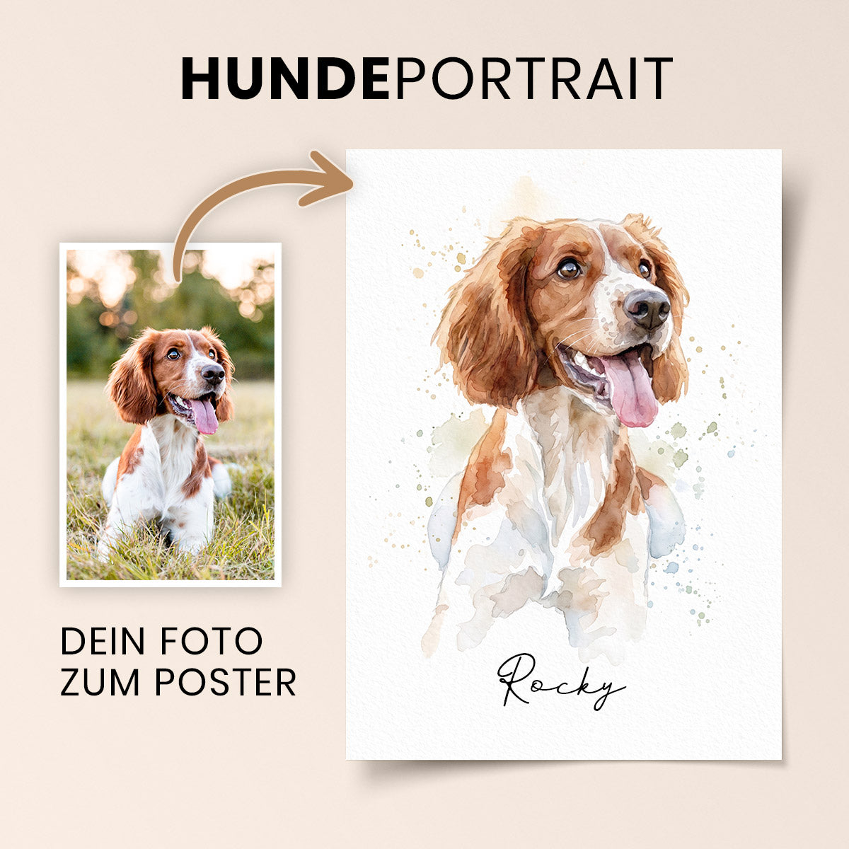 Personalisiertes Hundeportrait im Aquarell-Stil mit Hundenamen