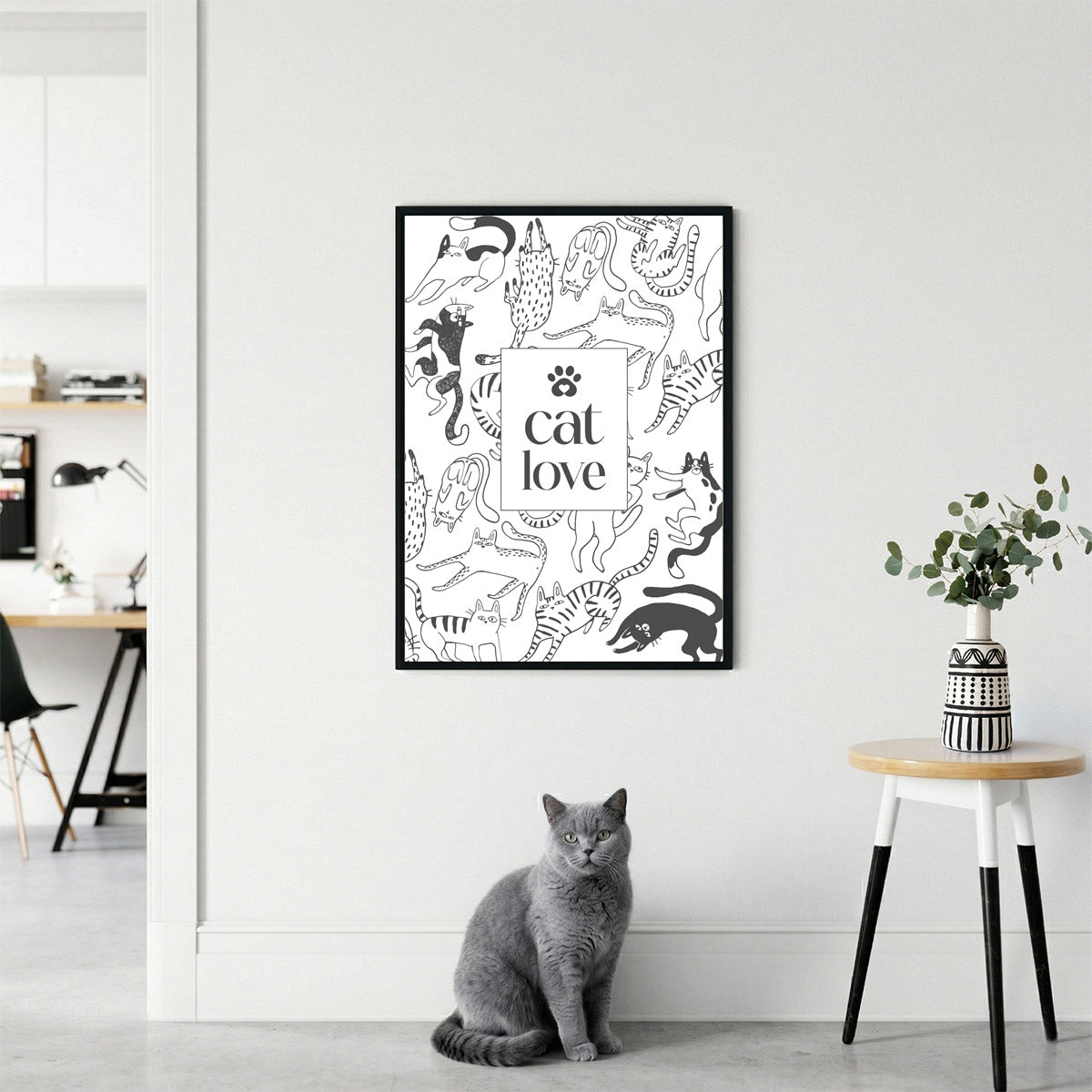Poster „Cat Love“ - Schwarz-Weiß Line Art